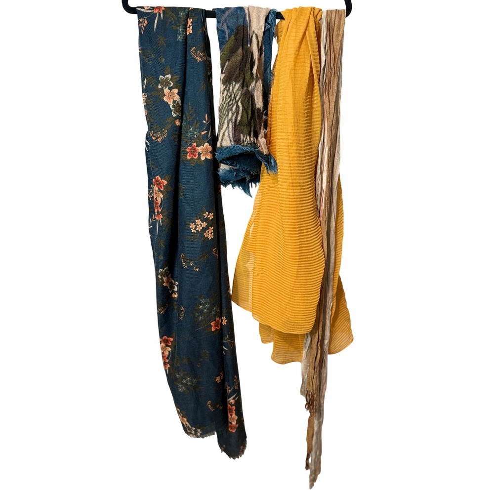 Banana Republic & Italian Wool Scarf Bundle 4pc Floral Bird Print Yellow Blue